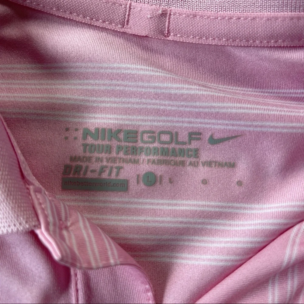 ✅ Nike Golf Tour Performance Pink white stripe polo t-shirt embroidered logo L